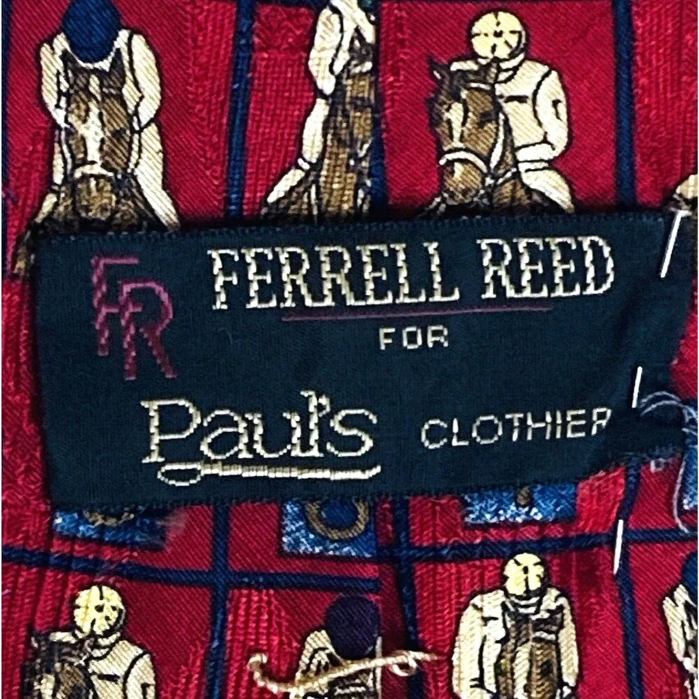 Ferrell Reed Vtg Tie Horse Racing Jockey Red Italian Silk Kentucky Derby USA Y2K